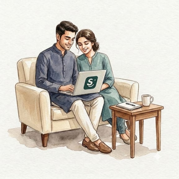 A couple sitting together on a sofa going through their shared household finances on a laptop
