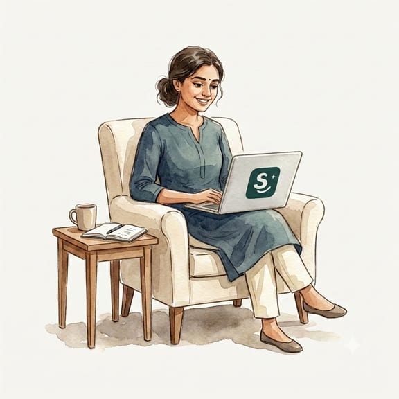 A young woman in an armchair reviewing her first investments on a laptop